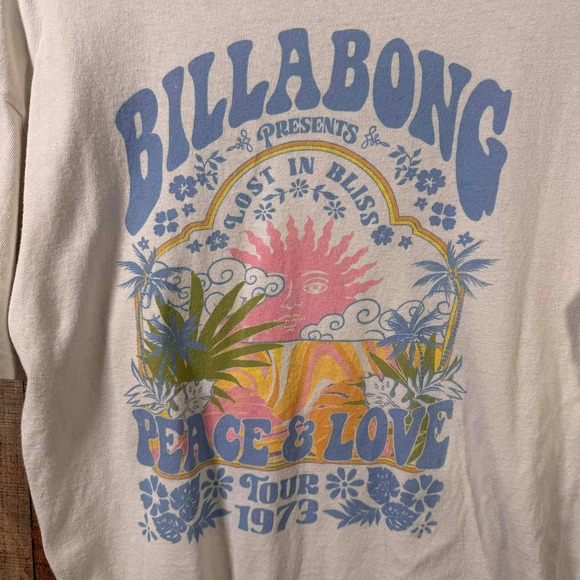 Billabong Peace & Love Tour 1973 Graphic Tee White XS Oversized Surfer Beach - Picture 2 of 6